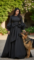 Long Dress with Puffed Sleeves: Black Elegance with Detachable Belt طويل بحزام  فيونكه