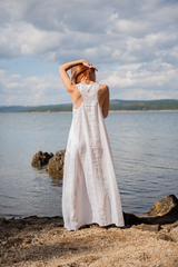 Two-Piece Linen Set – White Sleeveless Dress with Navy Cardigan & With Belt