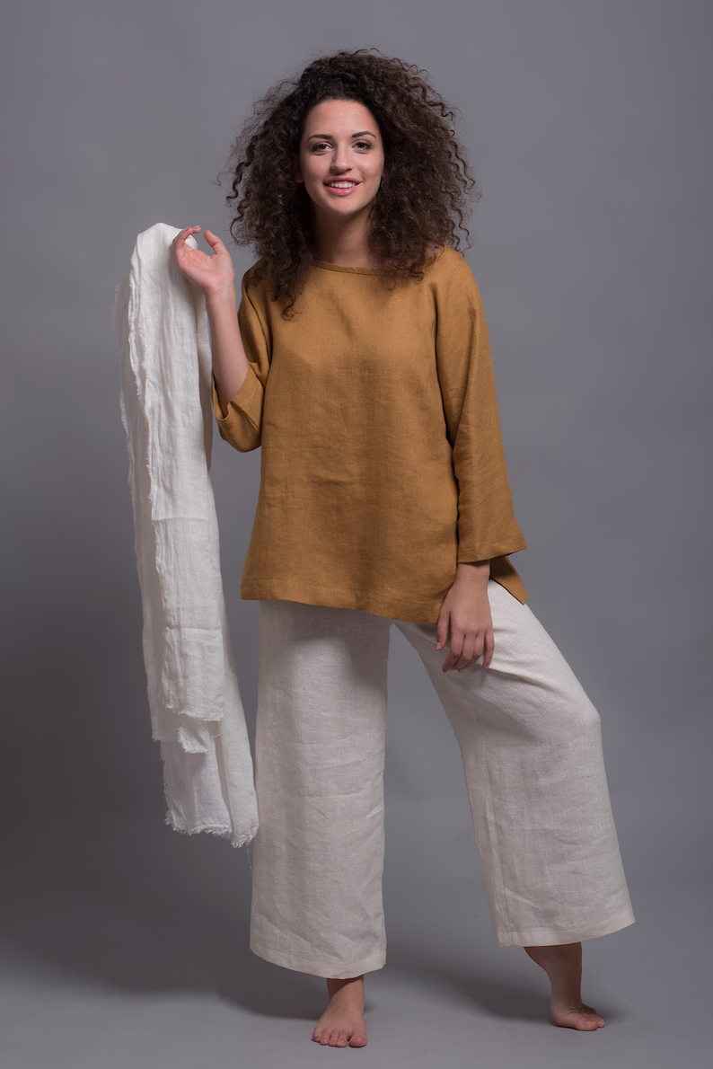 Two-Piece Linen Set – Camel Long-Sleeve Blouse with Wide-Leg White Pants