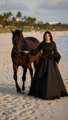 Long Dress with Puffed Sleeves: Black Elegance with Detachable Belt طويل بحزام  فيونكه