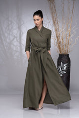 Army Green Linen Dress: Top Rever & Draped Bottom