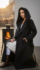 Heavy Wool Hooded Coat with Belt – Available in Black & Beige| لونج