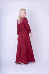 Burgundy Maxi Dress: Wrap Design with Buttons & Detachable Belt