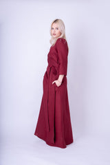 Burgundy Maxi Dress: Wrap Design with Buttons & Detachable Belt