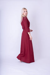 Burgundy Maxi Dress: Wrap Design with Buttons & Detachable Belt