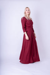 Burgundy Maxi Dress: Wrap Design with Buttons & Detachable Belt