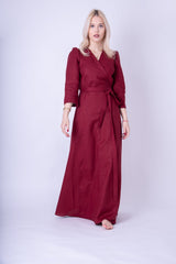 Burgundy Maxi Dress: Wrap Design with Buttons & Detachable Belt