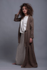 3-Piece Pure Linen Set: Brown Cardigan, Beige Vest & White Top