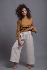 Two-Piece Linen Set – Camel Long-Sleeve Blouse with Wide-Leg White Pants