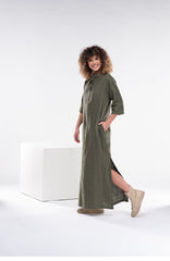 Practical Linen Kaftan in Army Green & White: Elegance & Comfort for Every Occasion