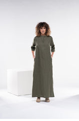 Practical Linen Kaftan in Army Green & White: Elegance & Comfort for Every Occasion