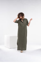 Practical Linen Kaftan in Army Green & White: Elegance & Comfort for Every Occasion