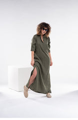 Practical Linen Kaftan in Army Green & White: Elegance & Comfort for Every Occasion