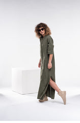 Practical Linen Kaftan in Army Green & White: Elegance & Comfort for Every Occasion