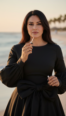 Long Dress with Puffed Sleeves: Black Elegance with Detachable Belt طويل بحزام  فيونكه