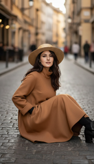 Camel Wool Dress with Oversized Scarf – Warmth & Timeless Style| سبوت