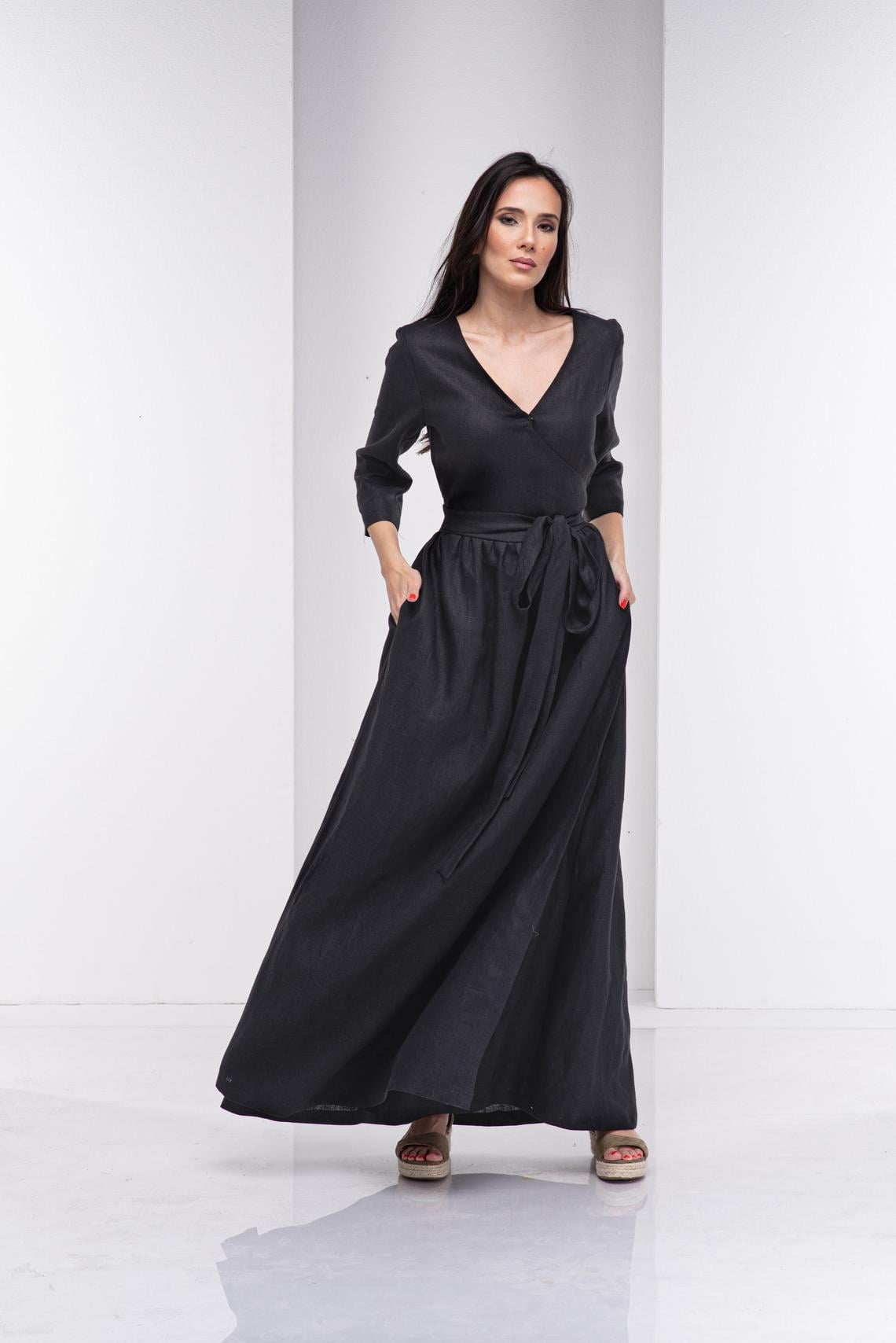 Black Linen Dress with Belt – Wrap Design & Long Sleeves| ملفح 22