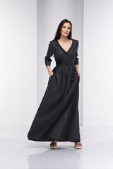 Black Linen Dress with Belt – Wrap Design & Long Sleeves| ملفح 22