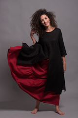 2-Piece Italian Linen Set: Burgundy Skirt & Black Dress