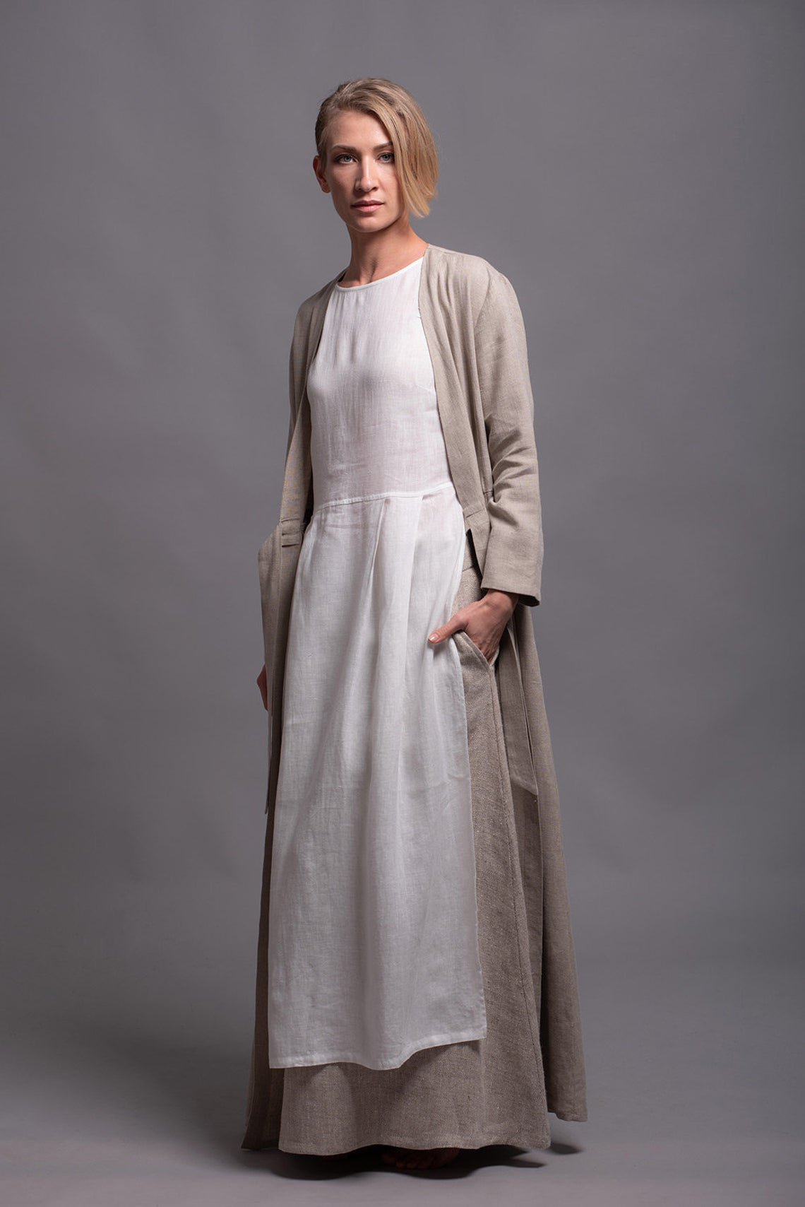 3-Piece Pure Linen Set: Beige Cardigan, Vest & Sleeveless Dress