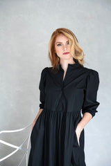 Black Wide & Long Dress: Front Buttons & Flared