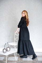 Black Wide & Long Dress: Front Buttons & Flared