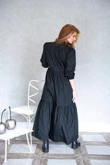 Black Wide & Long Dress: Front Buttons & Flared