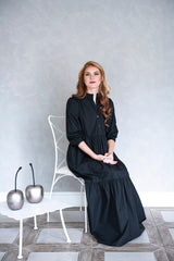 Black Wide & Long Dress: Front Buttons & Flared