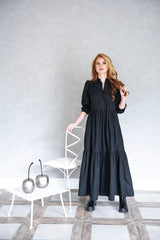 Black Wide & Long Dress: Front Buttons & Flared