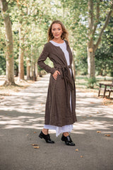 2-Piece Linen Set: Brown Cardigan & White Basic Dress