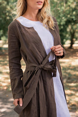 2-Piece Linen Set: Brown Cardigan & White Basic Dress