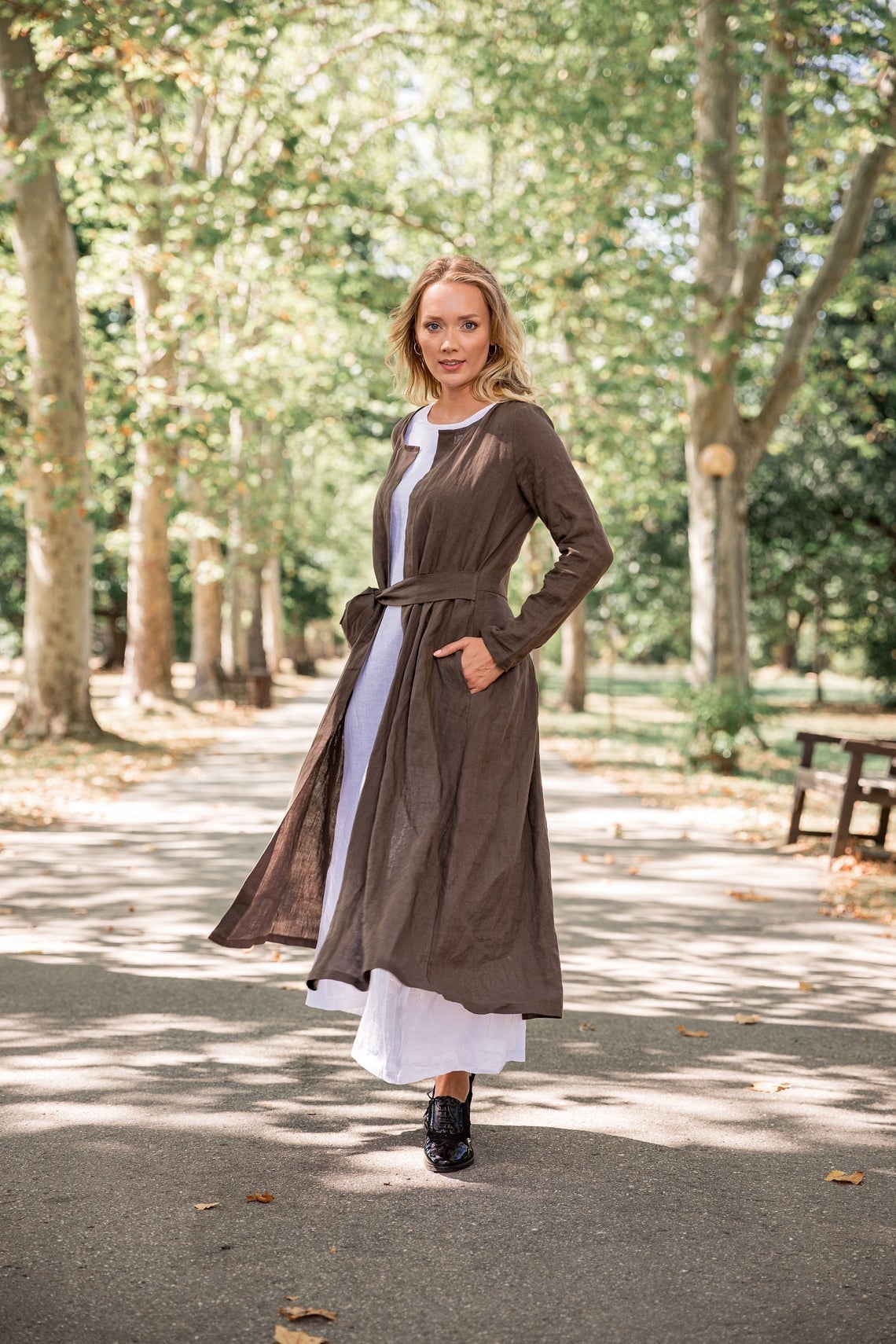 2-Piece Linen Set: Brown Cardigan & White Basic Dress | كٌسر