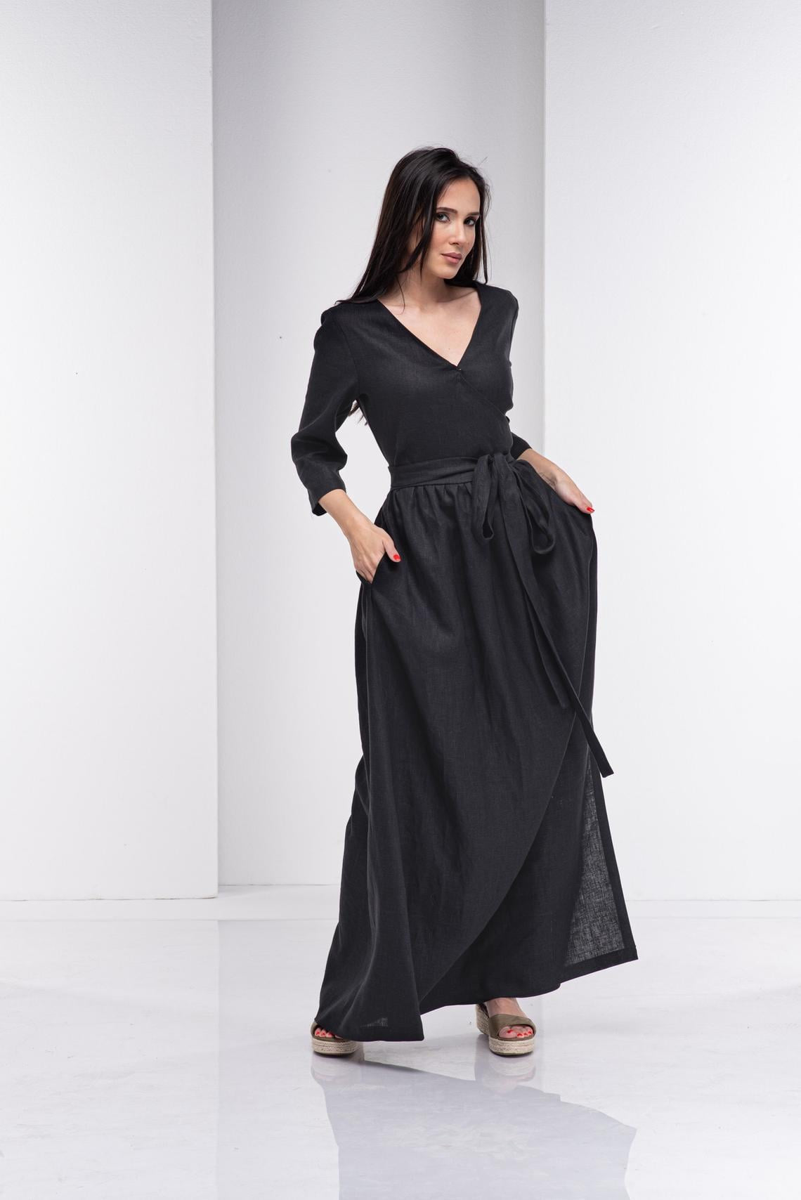 Black Linen Dress with Belt – Wrap Design & Long Sleeves| ملفح 22