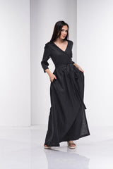 Black Linen Dress with Belt – Wrap Design & Long Sleeves| ملفح 22