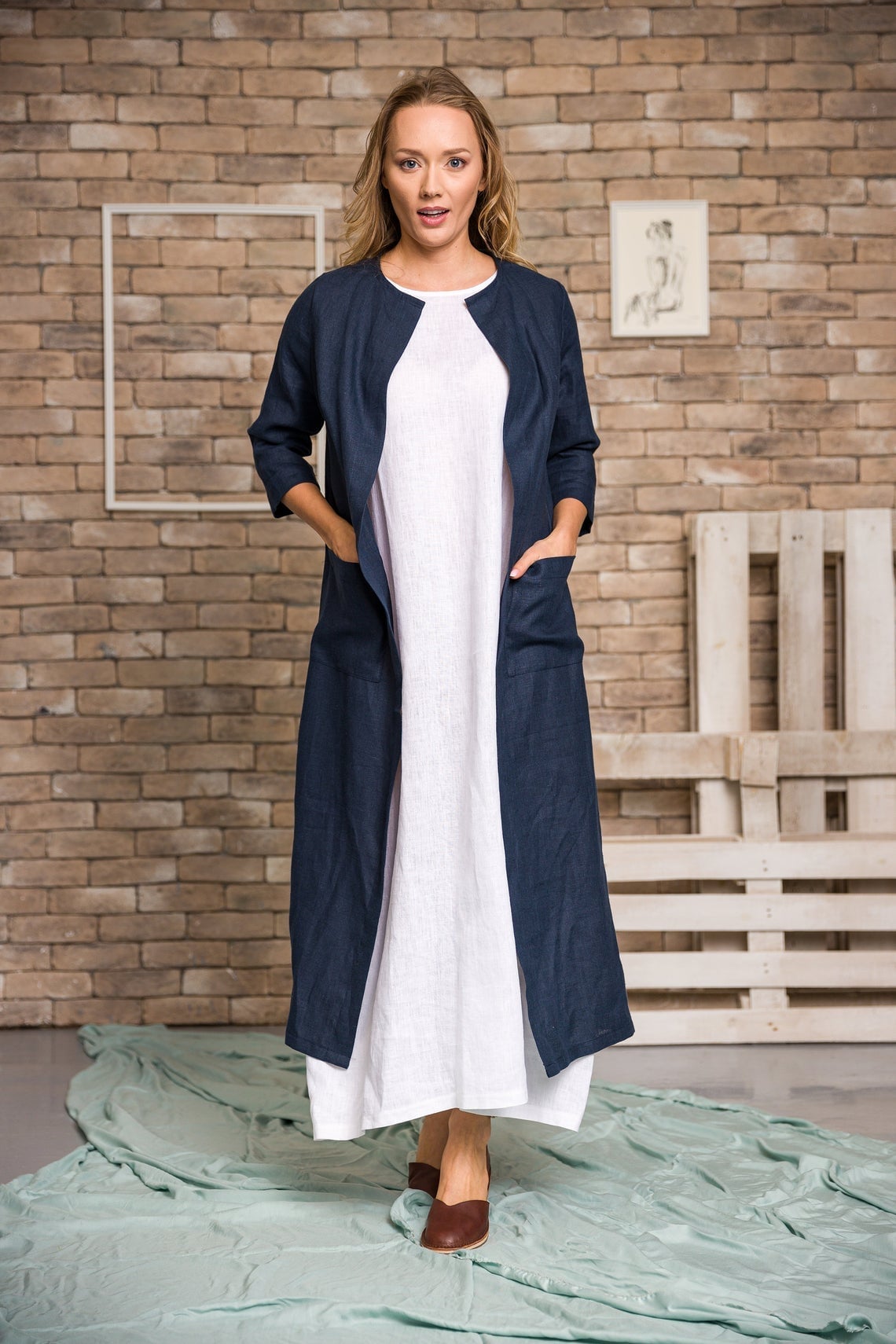 2-Piece Natural Linen Set: Cardigan & White Basic Dress { BLooM}