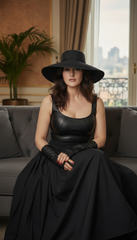 Sleeveless Black Dress with Leather Touch & Velvet Lining – Includes Gloves & Wide Belt|  دريس جلد مع جوانتى