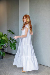 White Double Flounce Dress with Bishop Sleeves: Elegance Meets Practicality