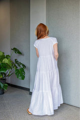 White Double Flounce Dress with Bishop Sleeves: Elegance Meets Practicality