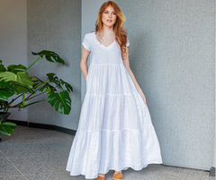 White Double Flounce Dress with Bishop Sleeves: Elegance Meets Practicality