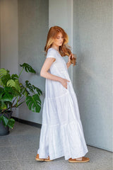 White Double Flounce Dress with Bishop Sleeves: Elegance Meets Practicality