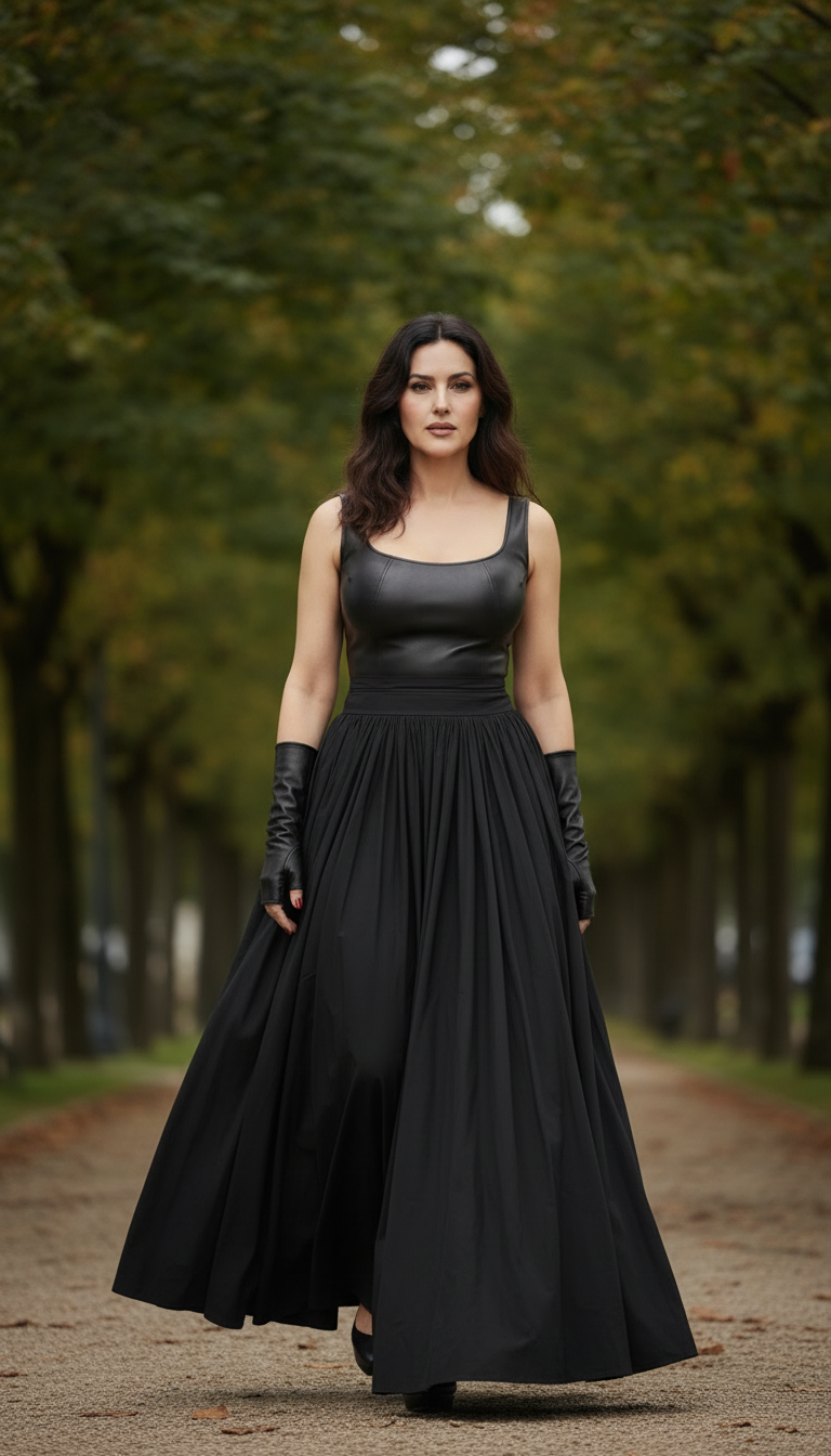 Sleeveless Black Dress with Leather Touch & Velvet Lining – Includes Gloves & Wide Belt|  دريس جلد مع جوانتى