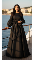 Long Dress with Puffed Sleeves: Black Elegance with Detachable Belt طويل بحزام  فيونكه
