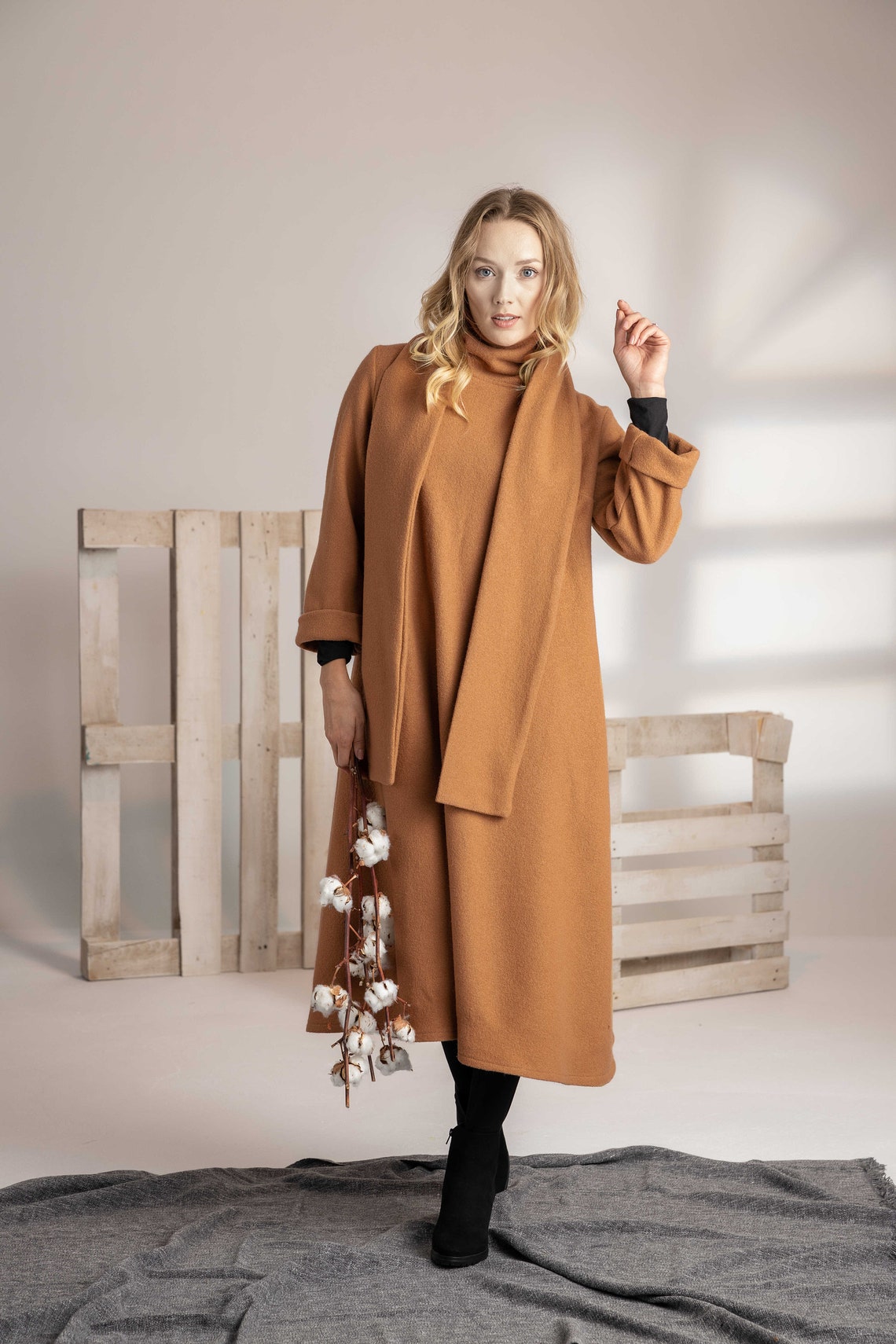 Camel Wool Dress with Oversized Scarf – Ultimate Warmth & Timeless Style