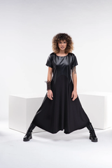 Two-Fabric Half-Sleeve Dress – Luxe Matte Leather & Soft Lycra for Year-Round Elegance