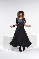 Two-Fabric Half-Sleeve Dress – Luxe Matte Leather & Soft Lycra for Year-Round Elegance