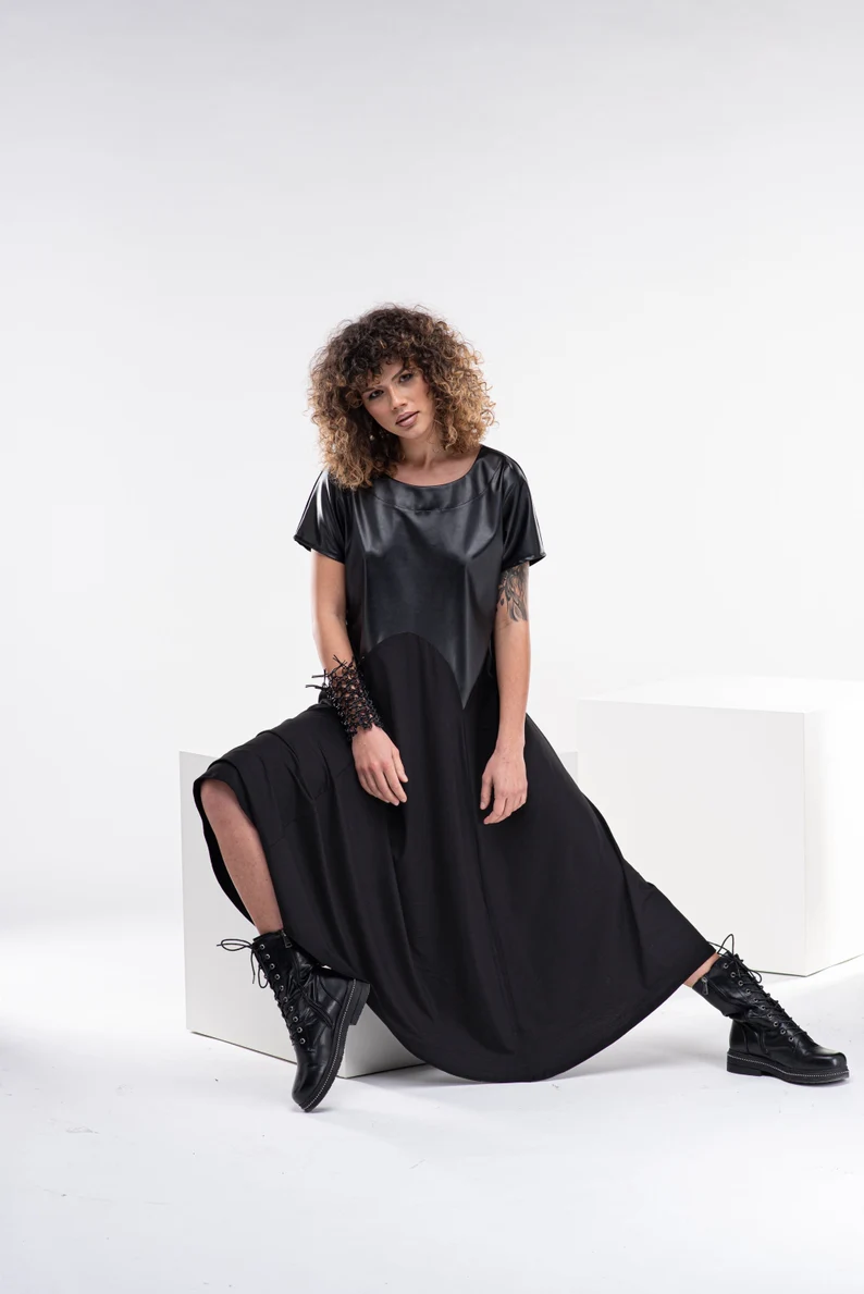 Two-Fabric Half-Sleeve Dress – Luxe Matte Leather & Soft Lycra for Year-Round Elegance