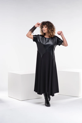 Two-Fabric Half-Sleeve Dress – Luxe Matte Leather & Soft Lycra for Year-Round Elegance