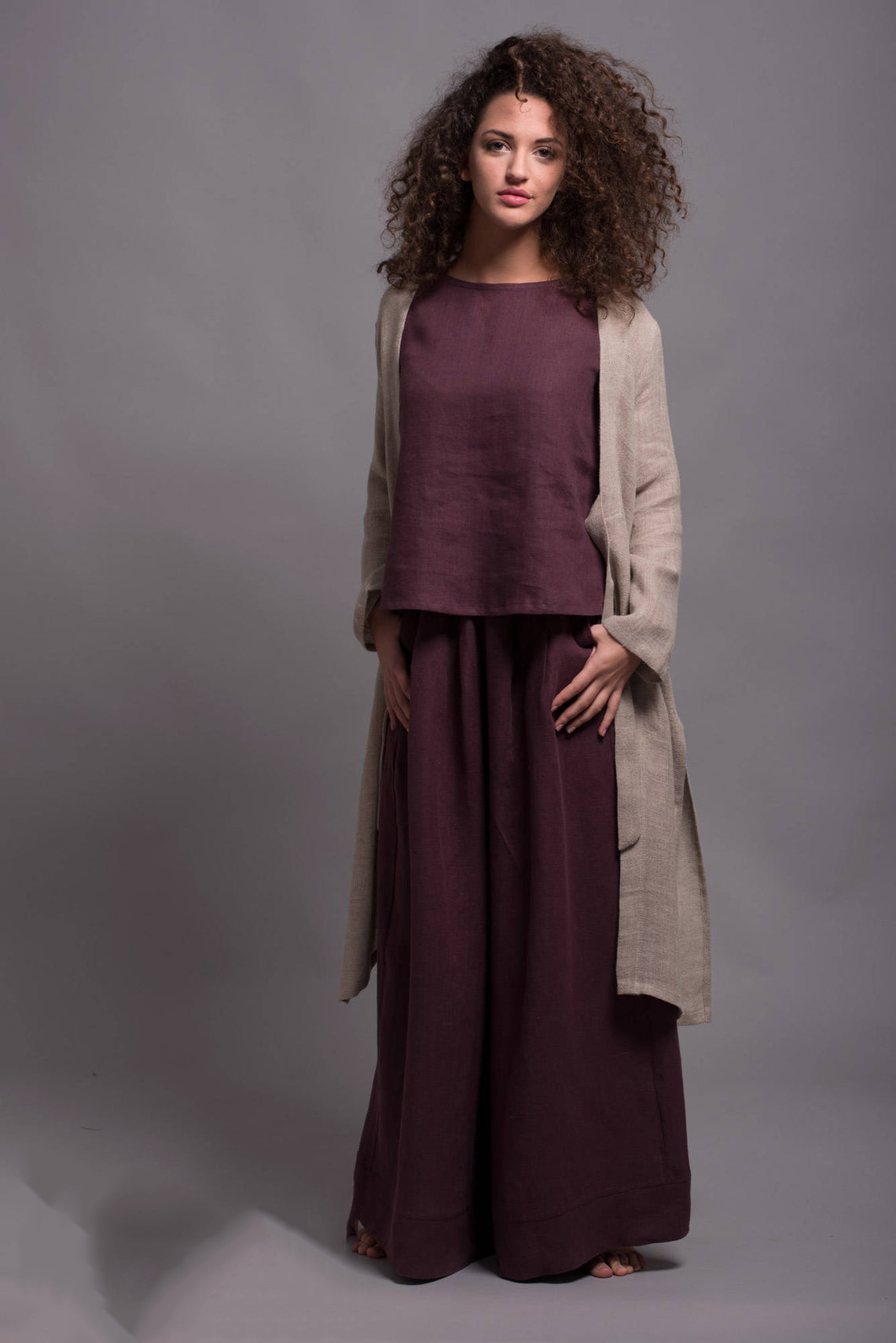 3-Piece Natural Linen Set: Wide Pants, Top & Cardigan