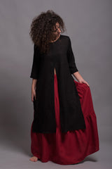 2-Piece Italian Linen Set: Burgundy Skirt & Black Dress