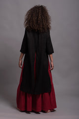 2-Piece Italian Linen Set: Burgundy Skirt & Black Dress